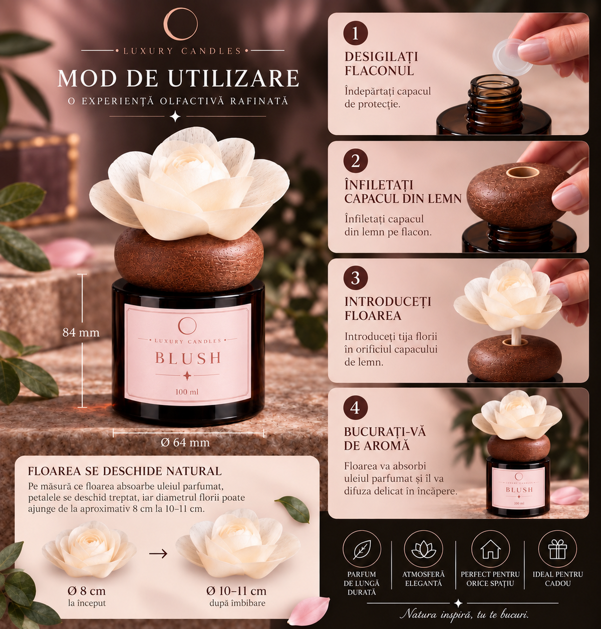 BLUSH - Difuzor cu floare din lemn de sola, 100ml