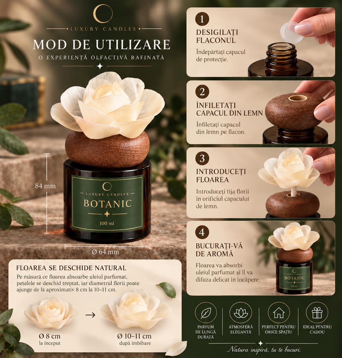 BOTANIC - Difuzor cu floare din lemn de sola, 100ml