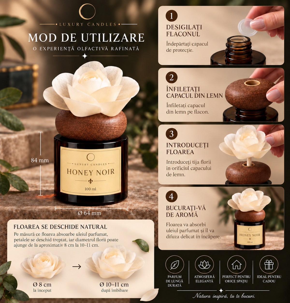 HONEY NOIR - Difuzor cu floare din lemn de sola, 100ml