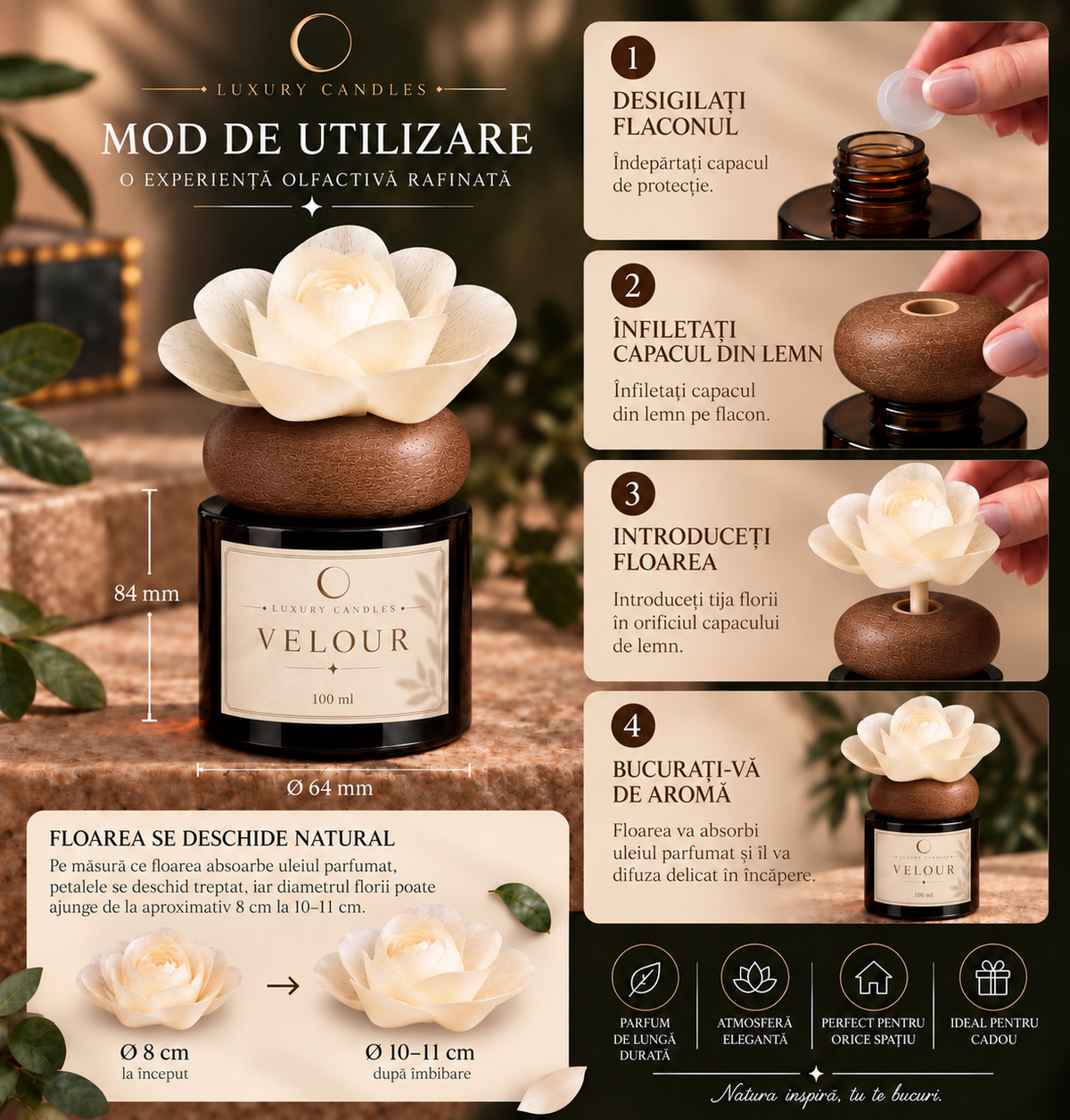 VELOUR - Difuzor cu floare din lemn de sola, 100ml
