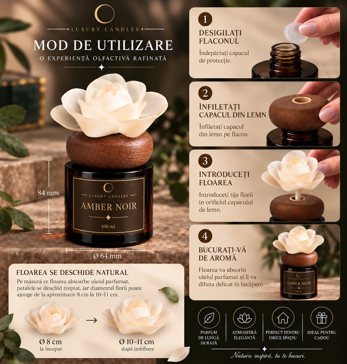 AMBER NOIR - Difuzor cu floare din lemn de sola, 100ml