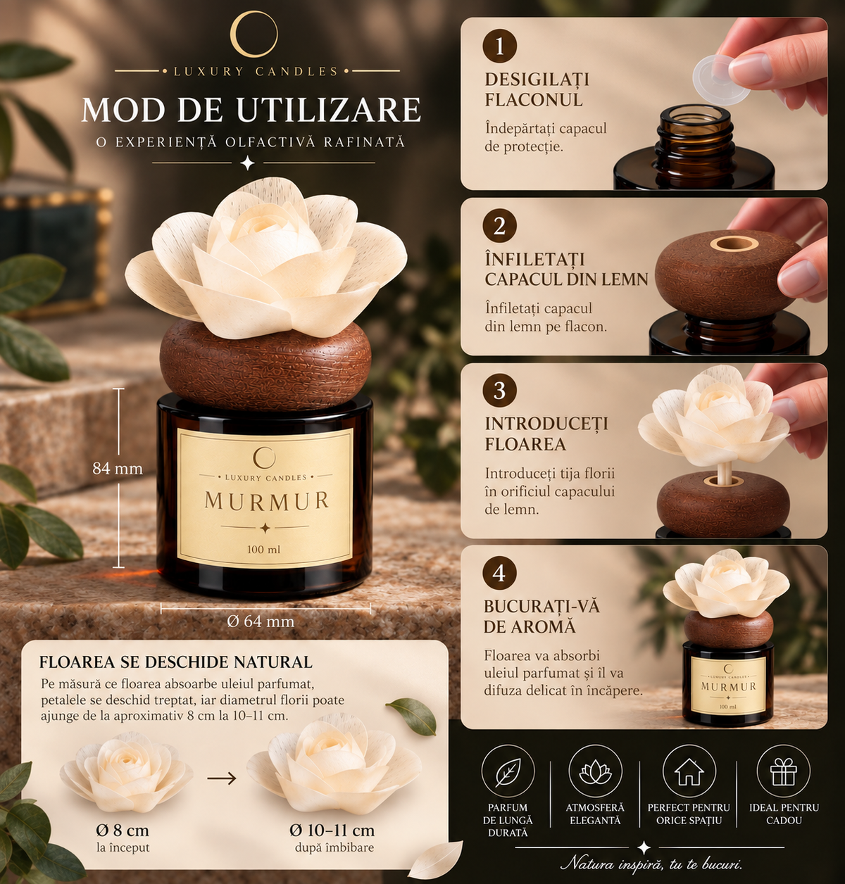 MURMUR - Difuzor cu floare din lemn de sola, 100ml