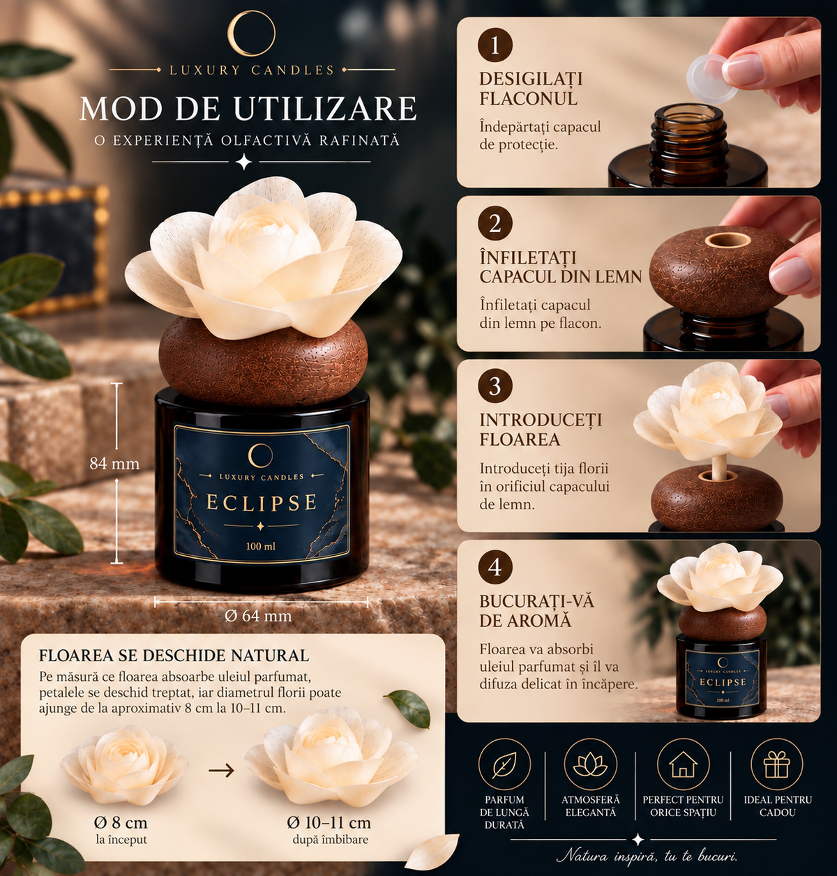 ECLIPSE - Difuzor cu floare din lemn de sola, 100ml