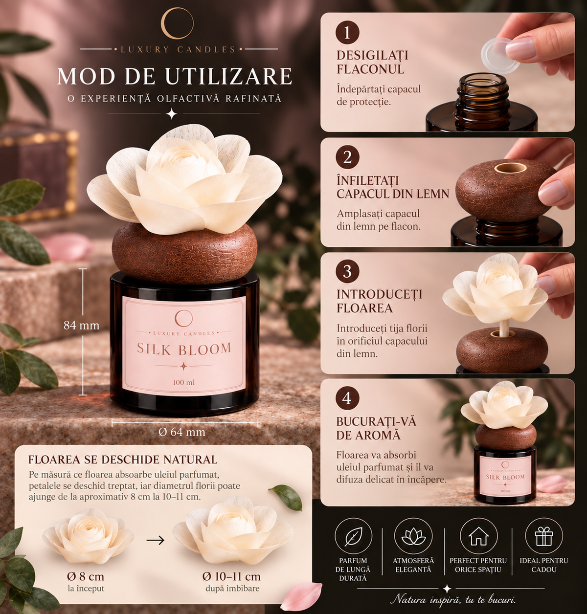 SILK BLOOM - Difuzor cu floare din lemn de sola, 100ml