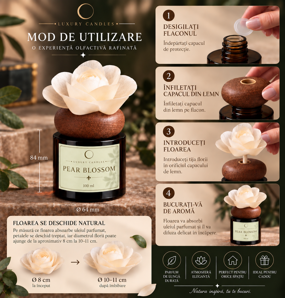 PEAR BLOSSOM - Difuzor cu floare din lemn de sola, 100ml