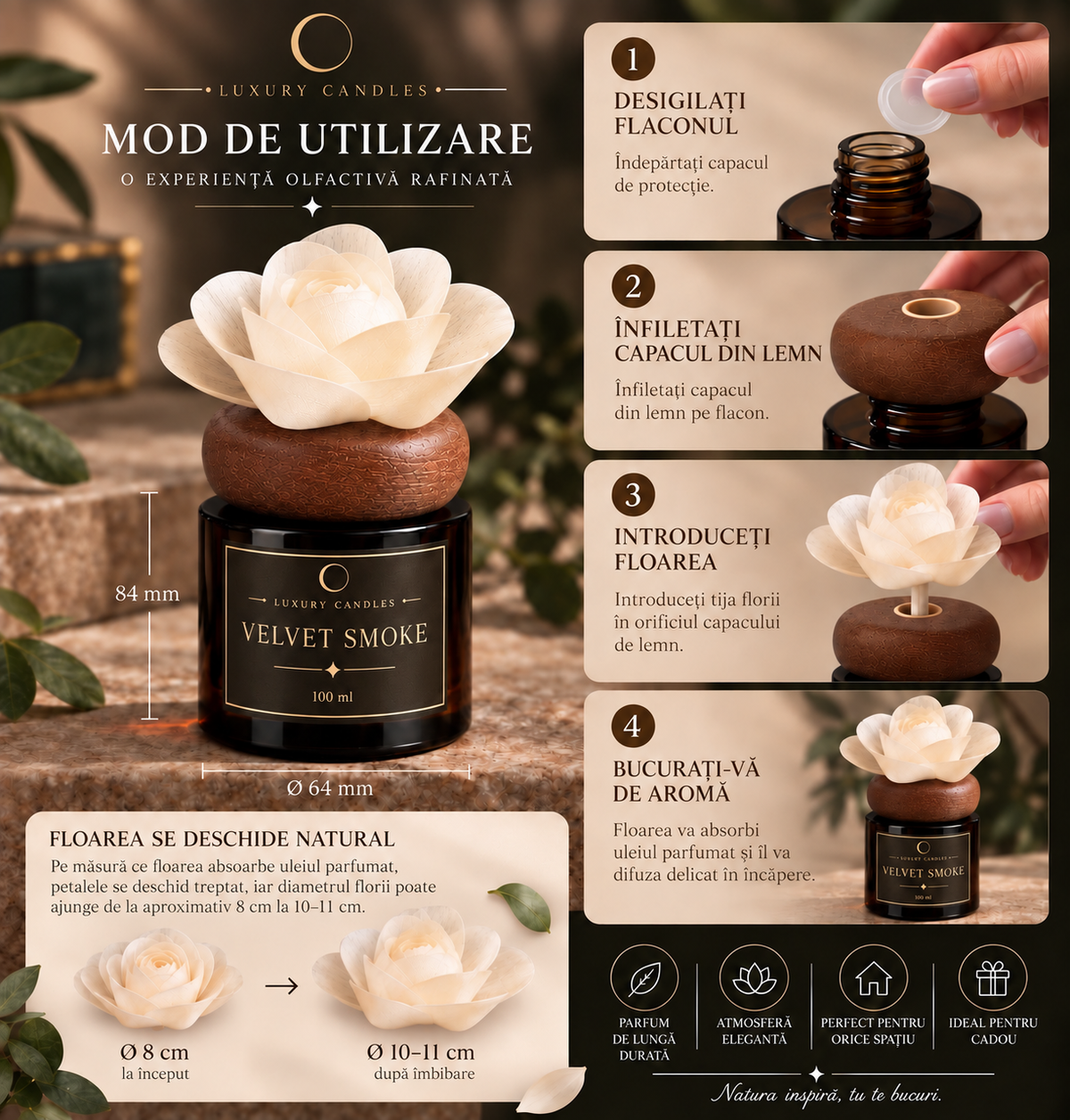 VELVET SMOKE - Difuzor cu floare din lemn de sola, 100ml