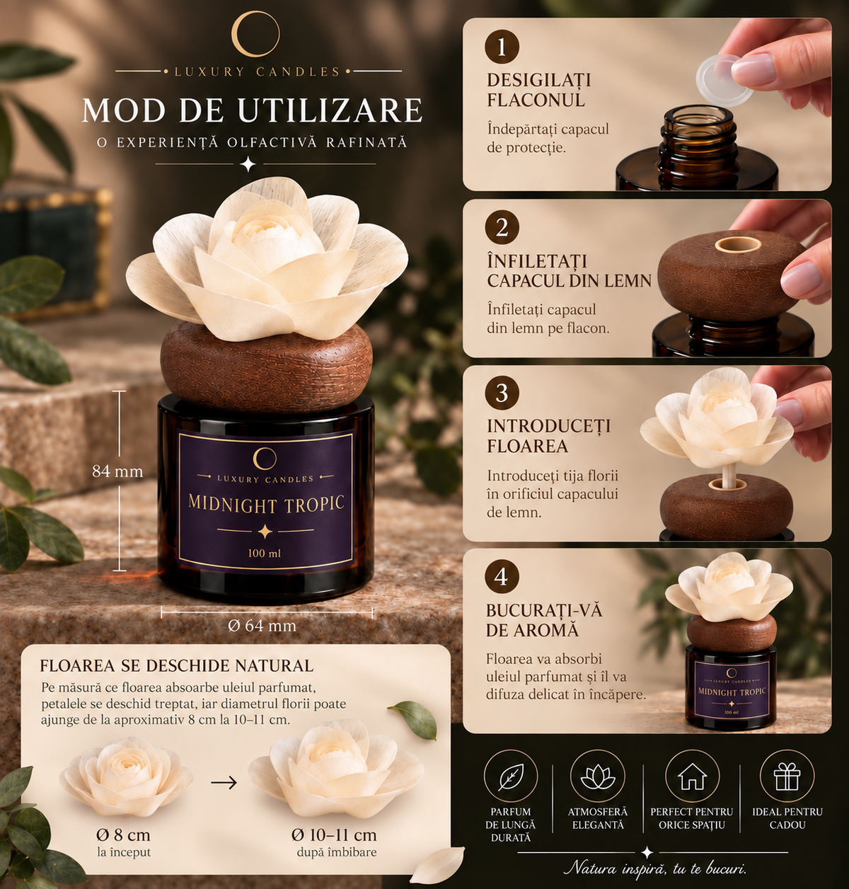 MIDNIGHT TROPIC - Difuzor cu floare din lemn de sola, 100ml
