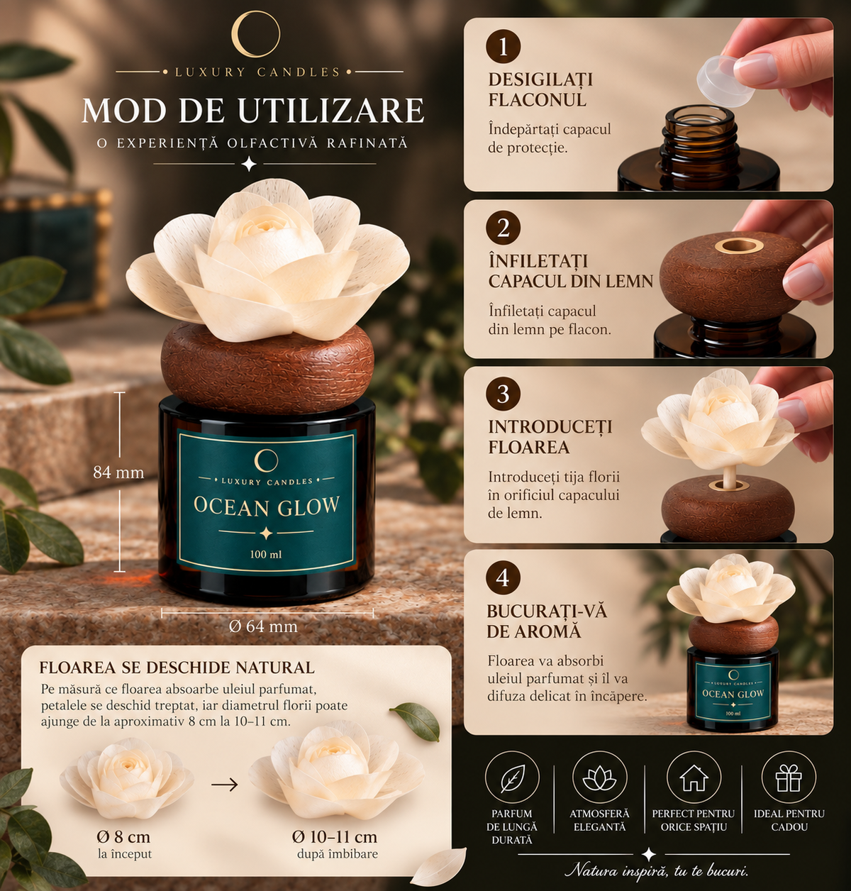 OCEAN GLOW - Difuzor cu floare din lemn de sola, 100ml